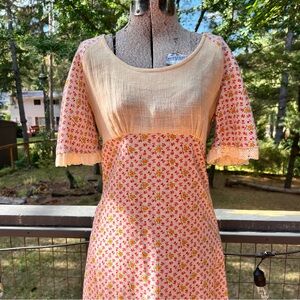 Vintage 1970’s handmade orange and tan floral boho peasant maxi dress